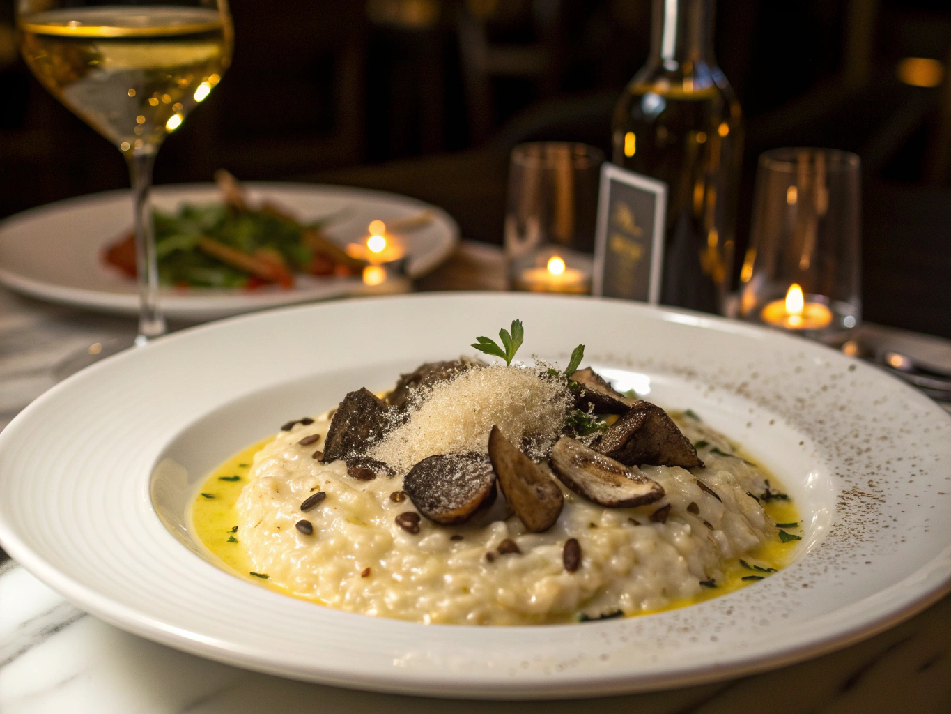 Creamy risotto topped with fresh shaved black truffles