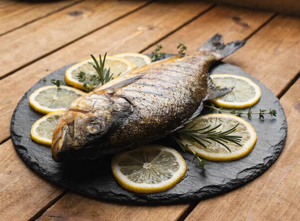 Roasted whole branzino served with grilled lemon and herbs