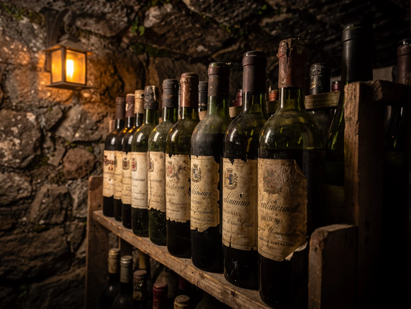 Aged vintage Italian wine bottles on oak cellar racks