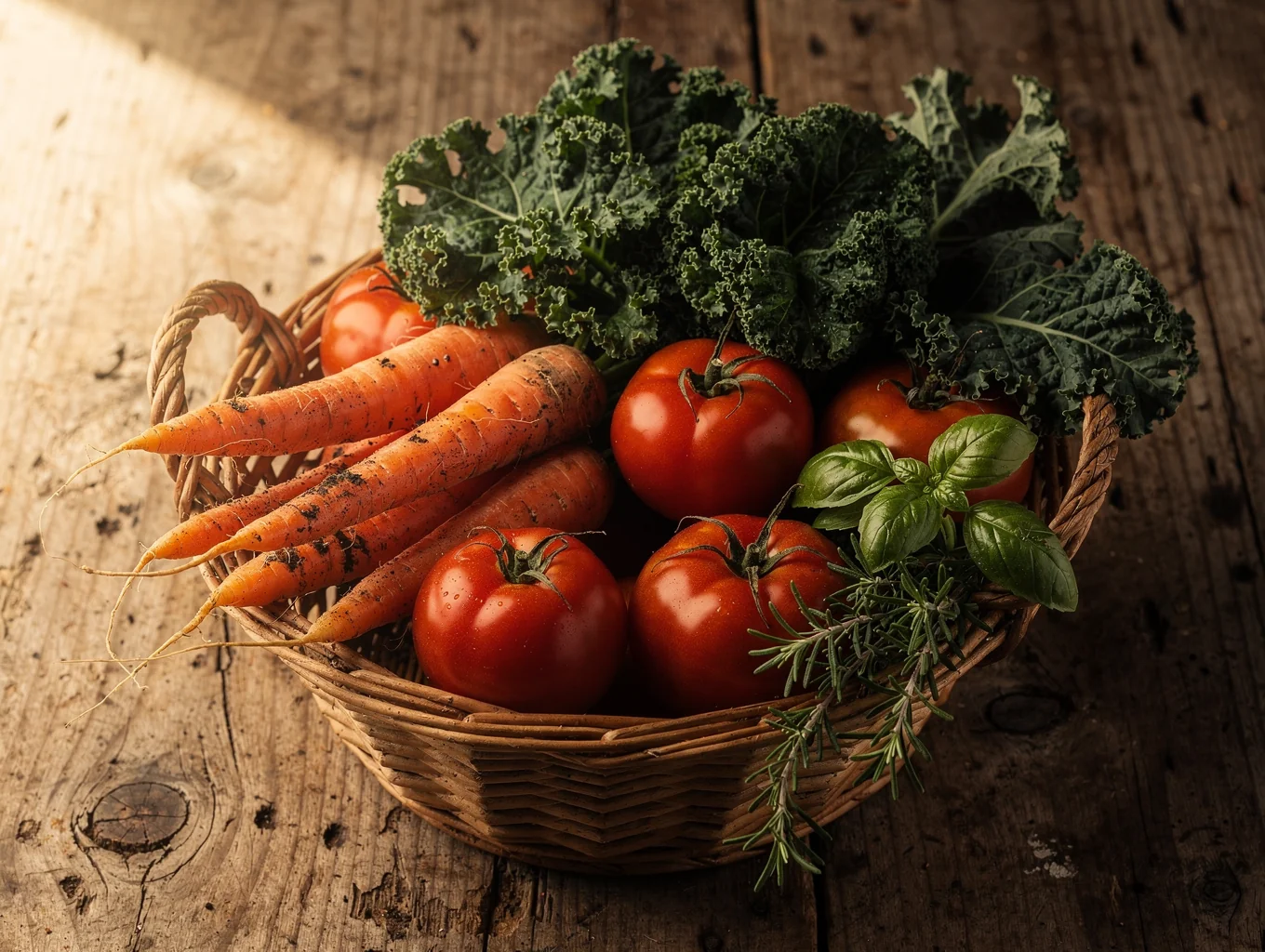 Basket of fresh heirloom tomatoes and seasonal herbs