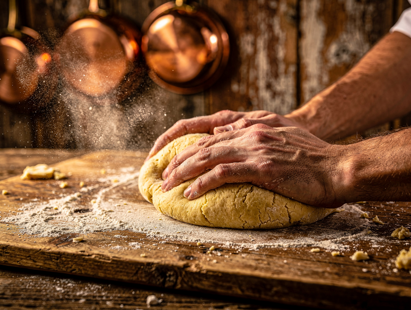 Chef hand rolling fresh pasta dough on wooden surface