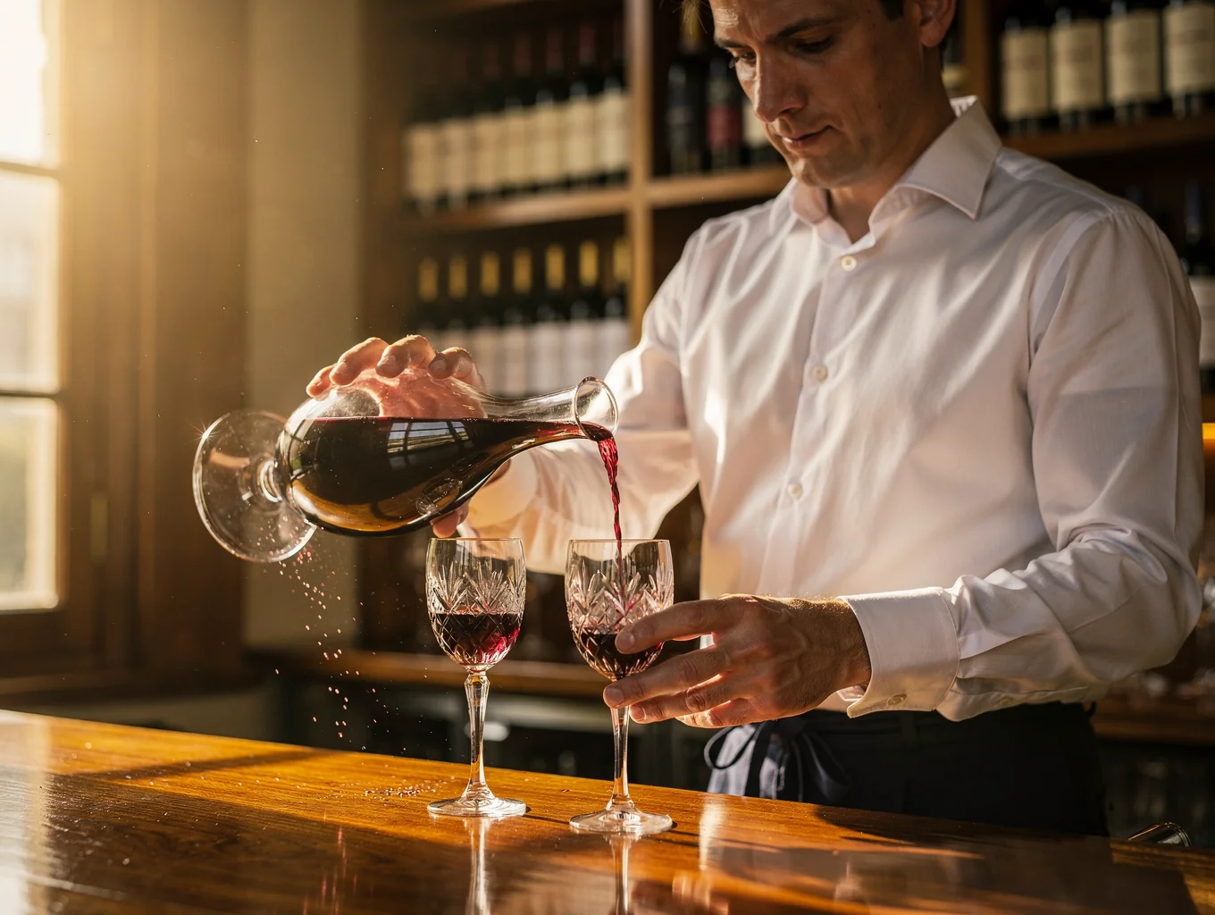 Sommelier pouring Italian red wine into crystal glass